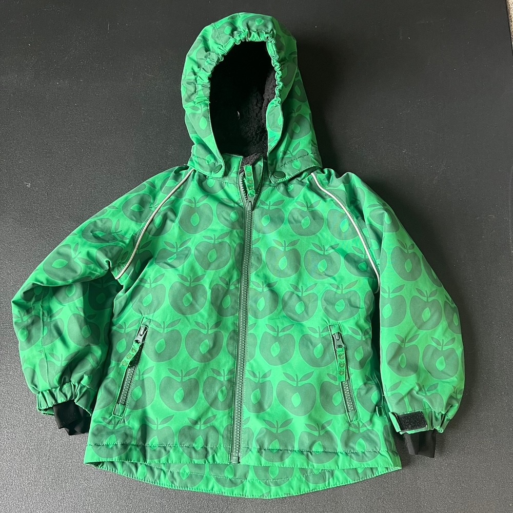 Smafolk Kids Green Apple Print Sherpa Lined Winter Jacket Hooded Size 4-5 Scandi